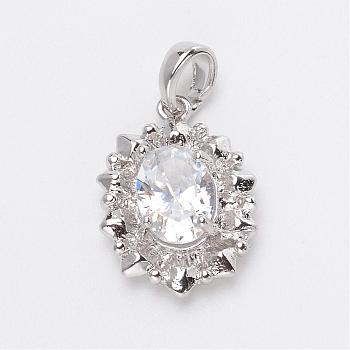 Flower Brass Cubic Zirconia Pendants, Platinum, 17x12x4.5mm, Hole: 3x4mm