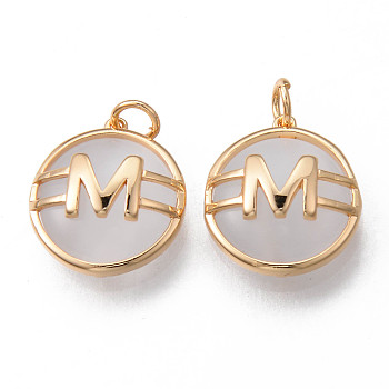 Cat Eye Pendants, with Brass Findings and Jump Rings, Flat Round with Letter M, Nickel Free, Real 18K Gold Plated, 15.5x14x5mm, Hole: 3mm