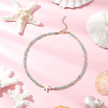 Summer Beach Natural Green Aventurine Round Beaded Necklaces, Synthetic Turquoise Starfish Necklaces, Golden, 14.76 inch(37.5cm) Long+50mm Extender