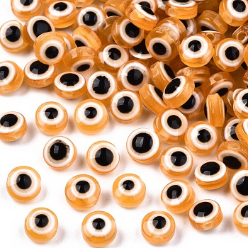Resin Beads, Flat Round, Evil Eye, Orange, 7.5~8x5~6mm, Hole: 1.8~2mm