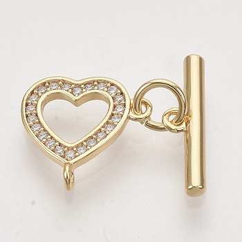 Brass Micro Pave Clear Cubic Zirconia Toggle Clasps, with Jump Rings, Nickel Free, Heart, Real 18K Gold Plated, Heart: 12x12.5x1.5mm, Hole: 1mm, Bar: 15x2mm, Hole: 1mm, Jump Ring: 5x0.8mm, 3mm Inner Diameter