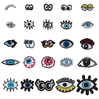 AHADEMAKER Computerized Embroidery Cloth Iron on/Sew on Patches, Costume Accessories, with Hot Melt Adhesive, Appliques, Eye & Eyelash, Mixed Color, 15~86x26.5~91x1.4mm, 25pcs/set, 1 set/box