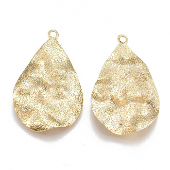 Brass Hammered Pendants, teardrop, Nickel Free, Real 18K Gold Plated, 34x21x2.5mm, Hole: 1.8mm