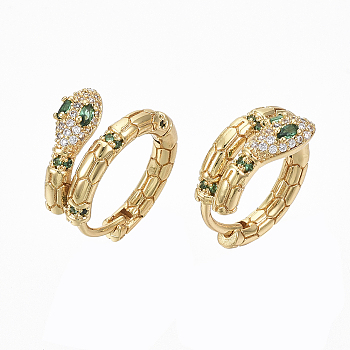 Brass Micro Pave Clear Cubic Zirconia Huggie Hoop Earrings, Snake, Nickel Free, Real 18K Gold Plated, Light Green, 18x3~9mm, Pin: 1.2mm
