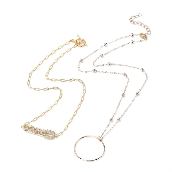 Ring & Safety Pin Shape Pendant Necklace Sets, with Brass Cable Chains and Paperclip Chains, Alloy Toggle Clasps and 304 Stainless Steel Lobster Claw Clasps, Golden, 15.94 inch(40.5cm) and 20 inch(51cm), 2pcs/set