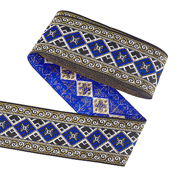 Ethnic Style Embroidery Polyester Ribbons, Jacquard Ribbon, Garment Accessories, Rhombus Pattern, Blue, 2 inch(50mm), about 7.66 Yards(7m)/Bundle