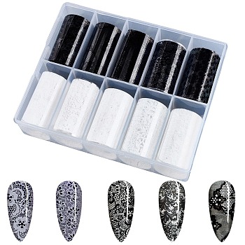 10 Rolls PET Lace Flower Nail Foils Floral Transfer Paper, Nail Art Decals Stickers, Mixed Color, 1017x40x0.1mm