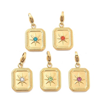 Rectangle with Star 304 Stainless Steel Rhinestone Pendant Decorations, Lobster Claw Clasp Ornaments, Ion Plating(IP), Real 14K Gold Plated, Mixed Color, 30mm