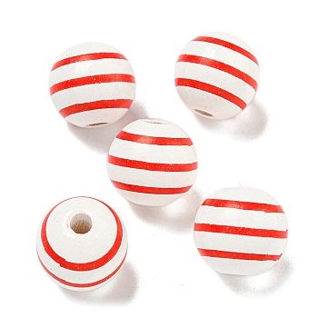 Printed Wood European Beads, Round with Stripe Pattern, Red, 15.5~16mm, Hole: 4~4.5mm