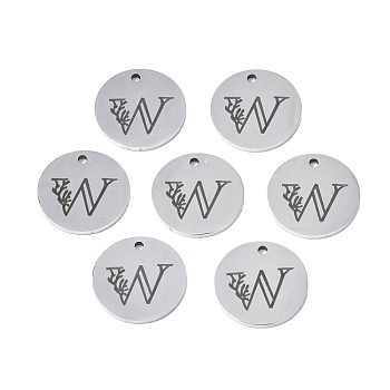 304 Stainless Steel Charms, Laser Cut, Designed Letter Engraved, Flat Round, Stainless Steel Color, Letter.W, 14x1mm, Hole: 1.2mm