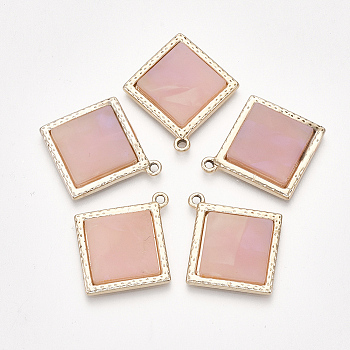 Cellulose Acetate(Resin) Pendants, with Alloy Findings, Rhombus, Light Gold, Pink, 29x26x3mm, Hole: 2mm