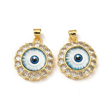 Real 18K Gold Plated Brass Pendants, with Glass and Acrylic, Flat Round with Evil Eye Charms, Light Blue, 23.5x20x7mm, Hole: 4x3.5mm