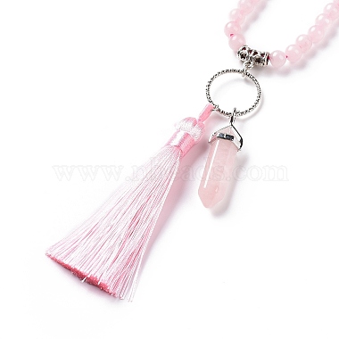 Natural Rose Quartz Bullet & Tassel Pendant Necklace with Mixed Gemstone Beaded Chains(NJEW-E585-02E)-3