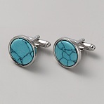 Zinc Alloy Cufflink, with Synthetic Turquoise, for Apparel Accessories, Flat Round, Platinum, 19x18mm(FIND-WH0152-392P)