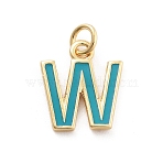 Rack Plating Brass Pendants, with Enamel and Jump Ring, Cadmium Free & Lead Free, Long-Lasting Plated, Real 18K Gold Plated, Letter, Letter W, 11.5x10x1mm, Hole: 2.5mm(KK-C065-03W-G)