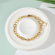 Brass Cable Chain Bracelets, with Lobster Claw Clasps, Long-Lasting Plated, Word Good Luck, Textured, Real 18K Gold Plated, 7-3/8 inch(18.8cm)(BJEW-H537-13G)