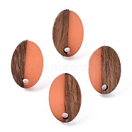 Resin & Walnut Wood Stud Earring Findings, with 304 Stainless Steel Pin, Oval, Coral, 15x10mm, Hole: 1.8mm, Pin: 0.7mm(MAK-N032-004A-A05)