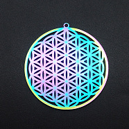 Ion Plating(IP) 201 Stainless Steel Pendants, Spiritual Charms, Laser Cut, Flower of Life, Rainbow Color, 42x40x1mm, Hole: 1.6mm(STAS-S105-JA575)