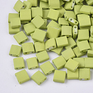 2-Hole Glass Seed Beads, Rubberized Style, Rectangle, Yellow Green, 5x4.5~5.5x2~2.5mm, Hole: 0.5~0.8mm(X-SEED-S023-31C-06)