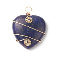 Natural Lapis Lazuli Copper Wire Wrapped Pendants, Heart Charms, Light Gold, 37.5~39x31~31.5x9~9.5mm, Hole: 4.5mm(PALLOY-JF02042-05)
