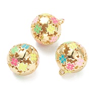 Brass Enamel Charms, Real 18K Gold Plated, Long-Lasting Plated, Round with Flower, Colorful, 14.5x13mm, Hole: 1mm(KK-A153-04G)