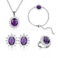 Cubic Zirconia Oval Pendant Necklace & Link Bracelet & Cuff Ring & Stud Earrings, Platinum Brass Jewelry Set for Women, Purple, 413mm, 167mm, Inner Diameter: 17mm, 13.5x11.5mm, Pin: 0.7mm(SJEW-SZC0001-01E)