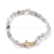Nuggets Natural Labradorite Stretch Beaded Bracelets, Tumbled Stone, with Brass Micro Pave Cubic Zirconia Cross Beads, Golden, Inner Diameter: 2~2-1/8 inch(5.1~5.5cm)(BJEW-JB05805-04)