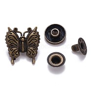 Brass Snap Buttons, Alloy Cap, Garment Buttons, Cadmium Free & Lead Free, Butterfly Shape, Antique Bronze, Cap: 20x19mm, Pin: 3mm, Stud: 10x4mm, knob: 4.5mm & 10x6.5mm, knob: 3.5mm, Socket: 12x4mm, half-drill: 5mm(X-SNAP-S012-005-RS)