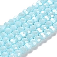 Electroplate Opaque Glass Beads Strands, Faceted(32 Facets), Pearl Luster Plated, Round, Pale Turquoise, 6mm, Hole: 1mm, about 98~100pcs/strand, 20.39~20.59 inch(51.8~52.3cm)(EGLA-A035-P6mm-A10)