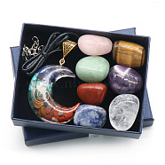 7 Chakra Tumbled Stone & Moon Pendant Necklace Mixed Natural Gemstone Healing Stones Set, Reiki Energy Stone Display Decorations, 40x35mm, 8pcs/set(PW-WG21137-02)