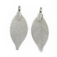 Iron Big Pendants, Electroplate Natural Leaf, Leaf, Platinum Plated, 52~53x19~20x1.5mm, Hole: 3x5.5mm(X-IFIN-T006-08P)