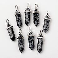 Natural Snowflake Obsidian Double Terminated Pointed Pendants, with Random Alloy Pendant Hexagon Bead Cap Bails, Bullet, Platinum, 37~40x12mm, Hole: 3mm(G-F295-05A)