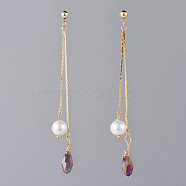 Long Chain Earrings, Brass Dangle Stud Earrings, with Glass Beads and Earring Backs, Golden, Purple, 83mm, Pin: 0.7mm(EJEW-JE03691-02)