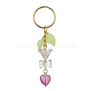 Bowknot & Heart Glass Pendant Decorations, with Acrylic Leaf/Flower Charm amd Iron Split Key Rings, Old Rose, 8.8cm(KEYC-JKC00691-05)
