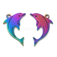 Ion Plating(IP) 304 Stainless Steel Pendants, Dolphin Charm, Rainbow Color, 21.5x14x1.5mm, Hole: 1.8mm(STAS-L020-015RC)
