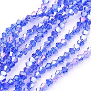 Glass Beads Strands, AB Color Plated, Faceted, Bicone, Dodger Blue, 4x4mm, Hole: 1mm, about 92~96pcs/strand, 13.78~14.37 inch(EGLA-S056-02)