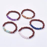 Frosted Mixed Gemstone Stretch Bracelets, with Wood  & 304 Stainless Steel Findings, Burlap Packing, 2 inch(52mm)(BJEW-JB03169)