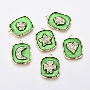 Brass Micro Pave Clear Cubic Zirconia Pendants, with Green Enamel, Rectangle, Golden, 21.5x16x2mm, Hole: 1.4mm(KK-F807-18-G)