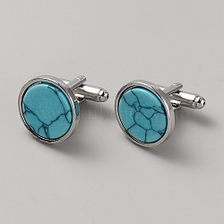 Zinc Alloy Cufflink, with Synthetic Turquoise, for Apparel Accessories, Flat Round, Platinum, 19x18mm(FIND-WH0152-392P)