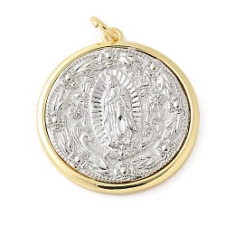 Brass Pendants, Flat Round with Virgin Mary/Saint Jude, Rack Plating, Cadmium Free & Lead Free, Long-Lasting Plated, Real 18K Gold Plated, 34.5x28x3.5mm, Hole: 3.5mm(KK-P294-11G)