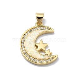 Brass Micro Pave Clear Cubic Zirconia Pendants, with Sythetic Opal, Real 18K Gold Plated, Moon, Star, 22.5x17x3mm, Hole: 4x3.5mm(KK-A221-18F-G)