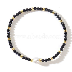 Natural Larvikite Beaded Stretch Bracelets for Women, with Pearl Bead, Inner Diameter: 6-7/8 inch(17.5cm)(BG9690-14)