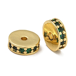 Rack Plating Brass Micro Pave Cubic Zirconia Beads, Lead Free & Cadmium Free, Real 18K Gold Plated, Long-Lasting Plated, Round, Dark Green, 8x2.5mm, Hole: 1.5mm(KK-U030-28G-11)