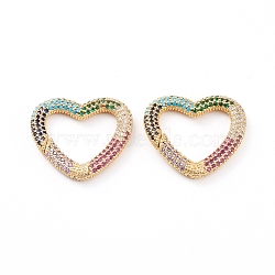 Brass Micro Pave Cubic Zirconia Spring Gate Rings, Long-Lasting Plated, Heart, Colorful, Real 18K Gold Plated, 26x27.5x3.5mm(ZIRC-L093-52G)