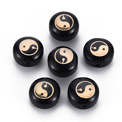 Handmade Lampwork Beads, with Golden Plated Brass Etched Metal Embellishments, Flat Round with Yinyang, Black, 8x5~6mm, Hole: 0.8mm(LAMP-S196-005)