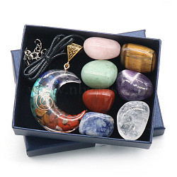 7 Chakra Tumbled Stone & Moon Pendant Necklace Mixed Natural Gemstone Healing Stones Set, Reiki Energy Stone Display Decorations, 40x35mm, 8pcs/set(PW-WG21137-02)