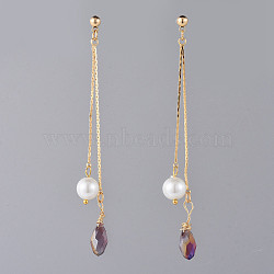 Long Chain Earrings, Brass Dangle Stud Earrings, with Glass Beads and Earring Backs, Golden, Purple, 83mm, Pin: 0.7mm(EJEW-JE03691-02)