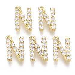 Brass Micro Pave Cubic Zirconia Charms, Nickel Free, Letter, Clear, Real 18K Gold Plated, Letter.N, 13.5x8x2.5mm, Hole: 1.2mm(KK-T060-05-N-G-NF)