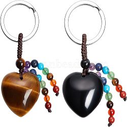 CHGCRAFT 2Pcs 2 Style Natural Gemstone Keychain, with Platinum Plated Alloy Key Rings, Heart, 6cm, 1pc/style(KEYC-CA0001-21)