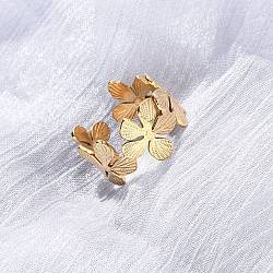304 Stainless Steel Open Cuff Rings for Women, Flower, Ion Plating(IP), Real 18K Gold Plated, 12.5mm, US Size 7 1/4(17.5mm)(RJEW-K309-37D-G)